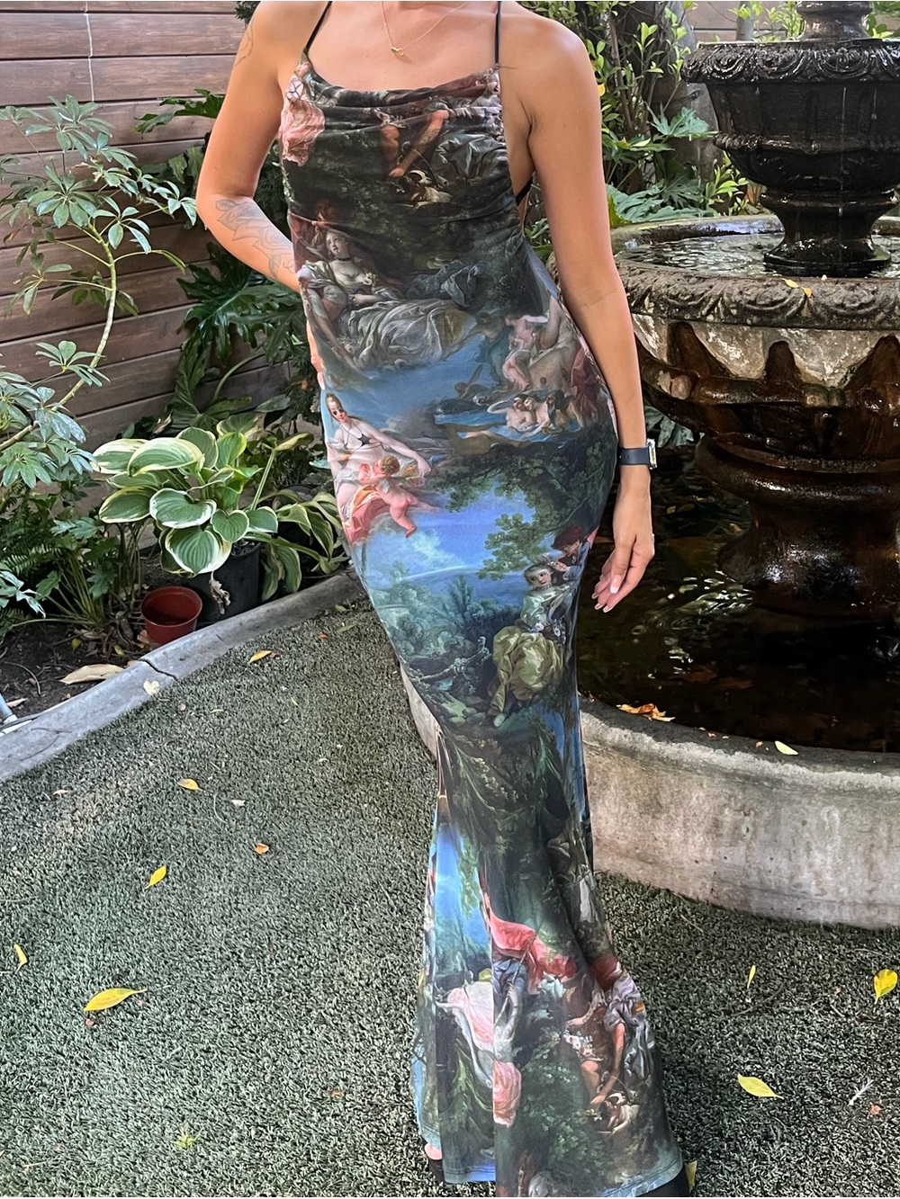 Cowl-Neck Maxi Dress in Multicolor Classical Art Print